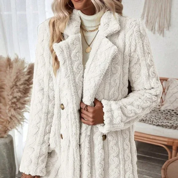 White Preppy Womens Double Breasted Lapel Neck Flannelette Coat - Picture 1 of 5